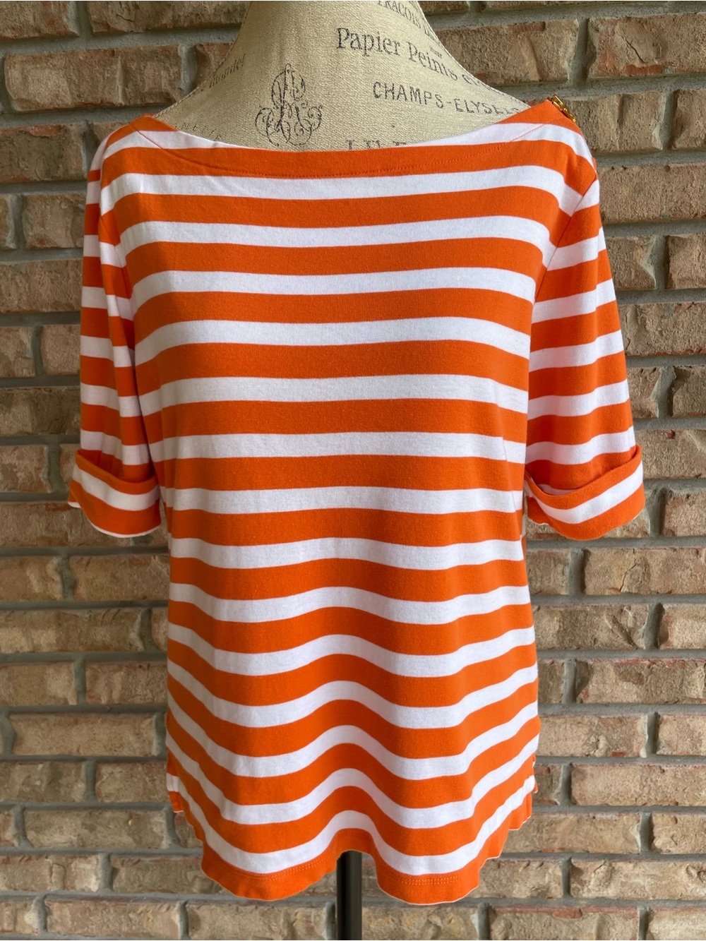 Lauren Ralph Lauren Striped Boatneck Classic Preppy Top in Orange & White